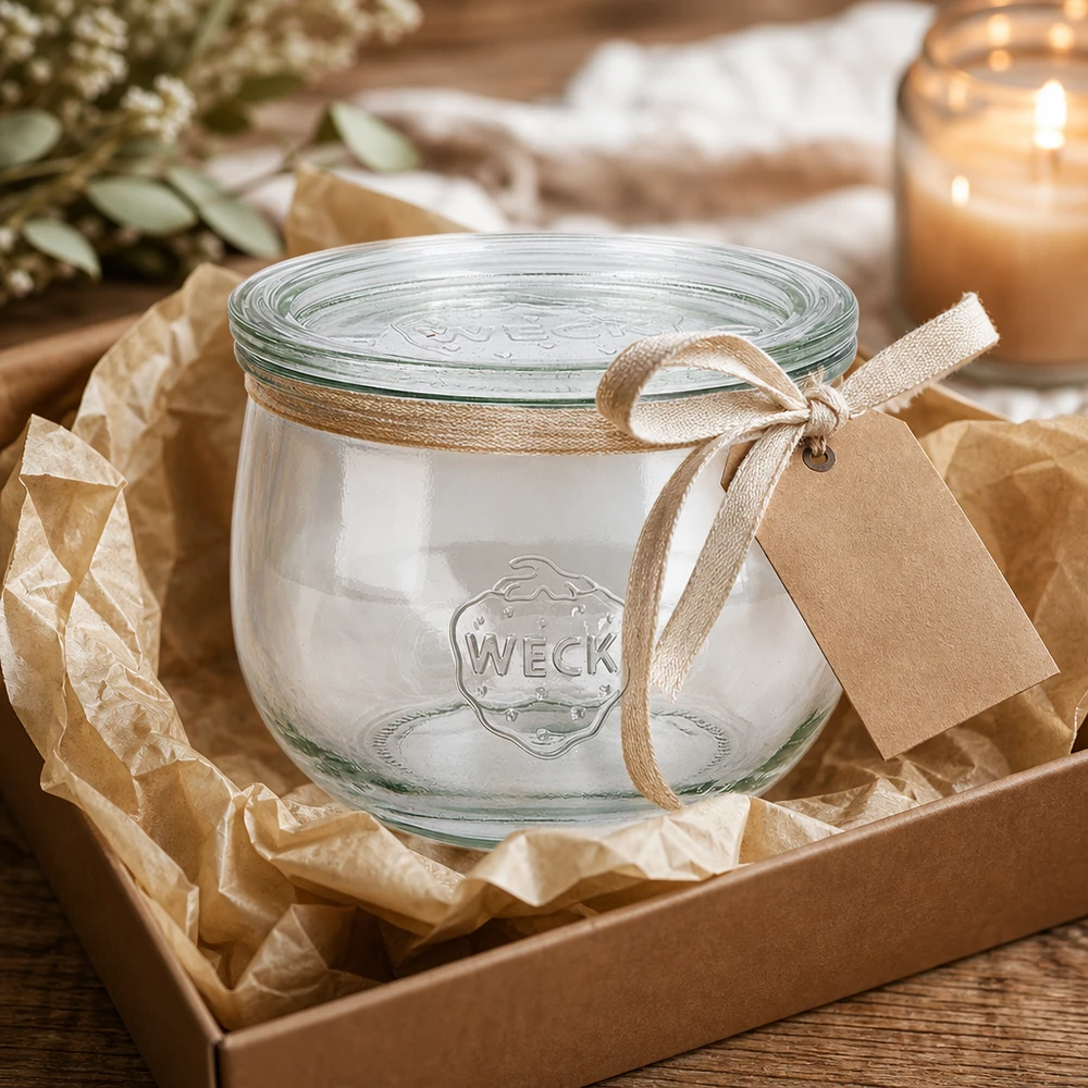 Jarro de tulipas WECK 580ml RR100 como ideia de presente apresentado numa caixa com laço decorativo e etiqueta