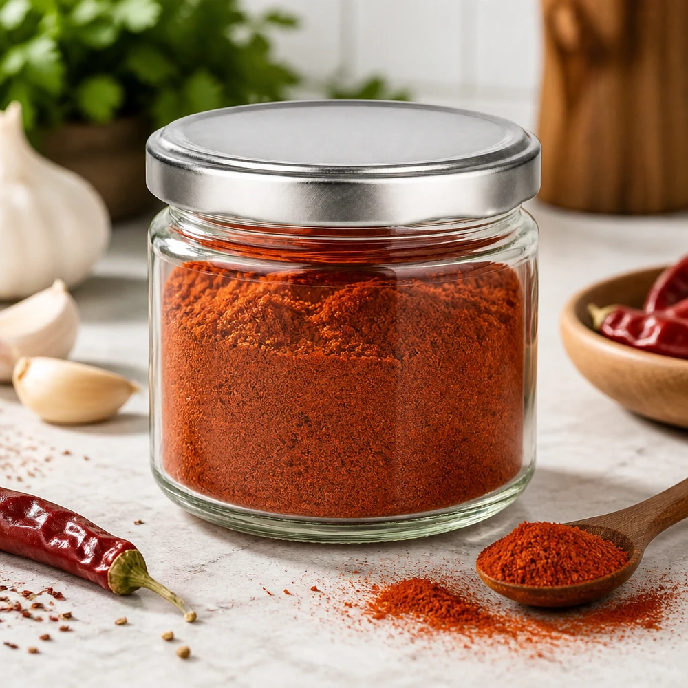 Frasco redondo de 330 ml com tampa BasicSeal cheio de paprica em pó em ambiente de cozinha recipiente de armazenamento para frascos de especiarias
