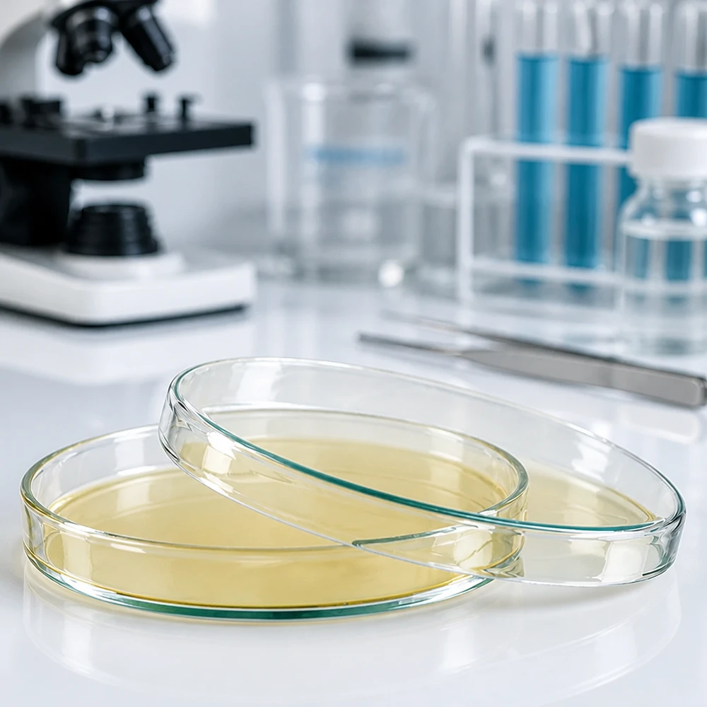 Placa de Petri de 120 x 20 mm em vidro borossilicato transparente com ágar de cultura amarelo num laboratório de microbiologia