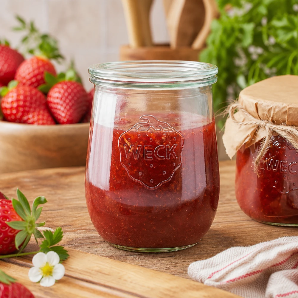 Frasco de tulipas de 1062ml com tampa de vidro WECK RR100 Frasco de conserva WECK de 1062 ml cheio de compota de morango sobre uma tábua de madeira, ao lado de morangos frescos e de um pano de cozinha