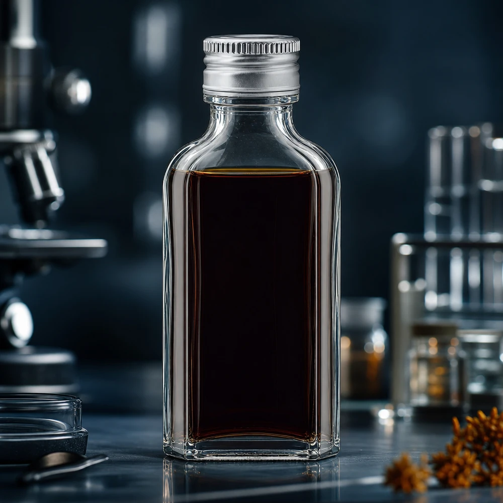 50 ml Meplat transparente com tampa de alumínio prata PP22 Pequeno frasco de vidro Meplat de 50 ml com conteúdo escuro e tampa de rosca de alumínio prateada PP22 no laboratório