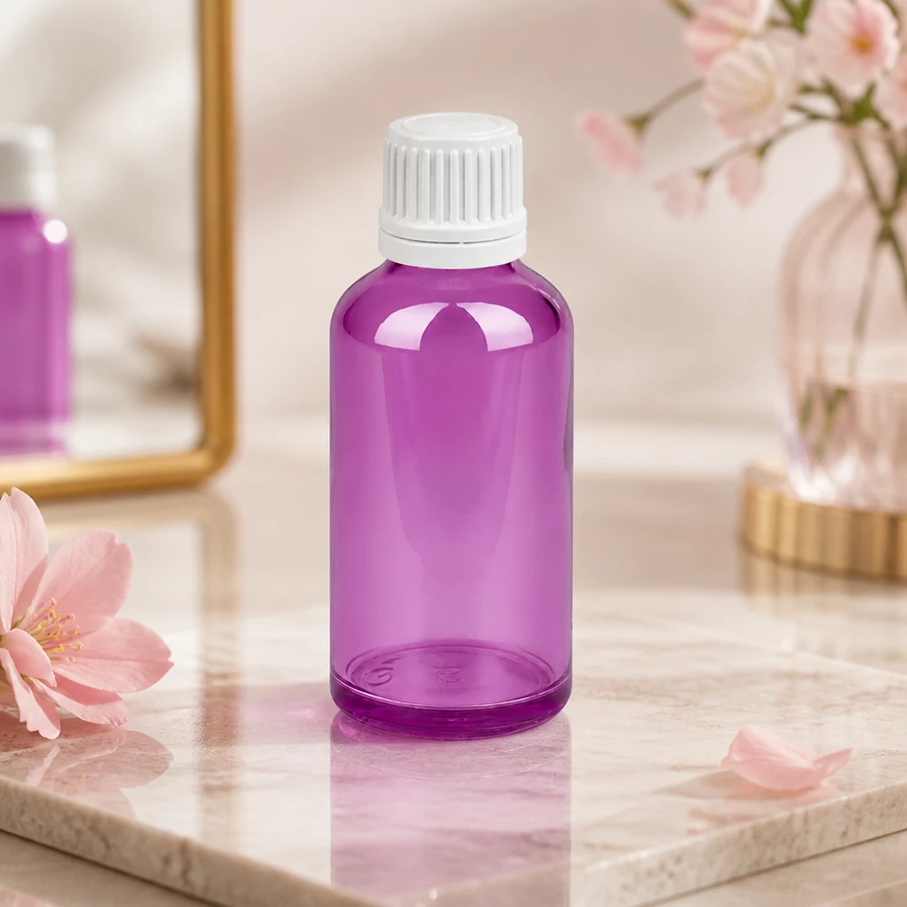 Frasco elegante de 50 ml em violeta com tampa branca para embalagem de cosméticos profissionais