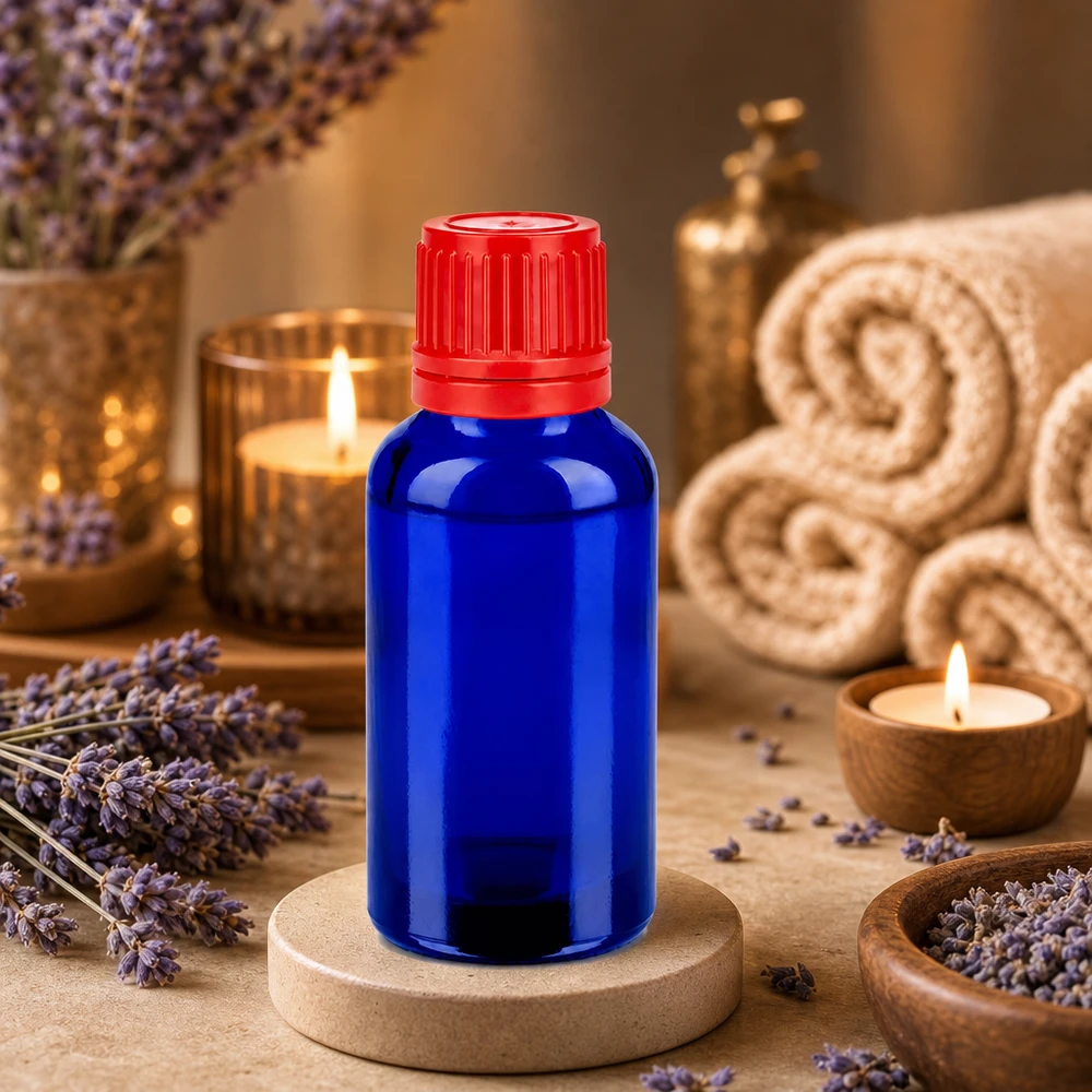 Frasco pipeta de 30 ml em azul cobalto com tampa conta-gotas vermelha para aromaterapia e cosmética