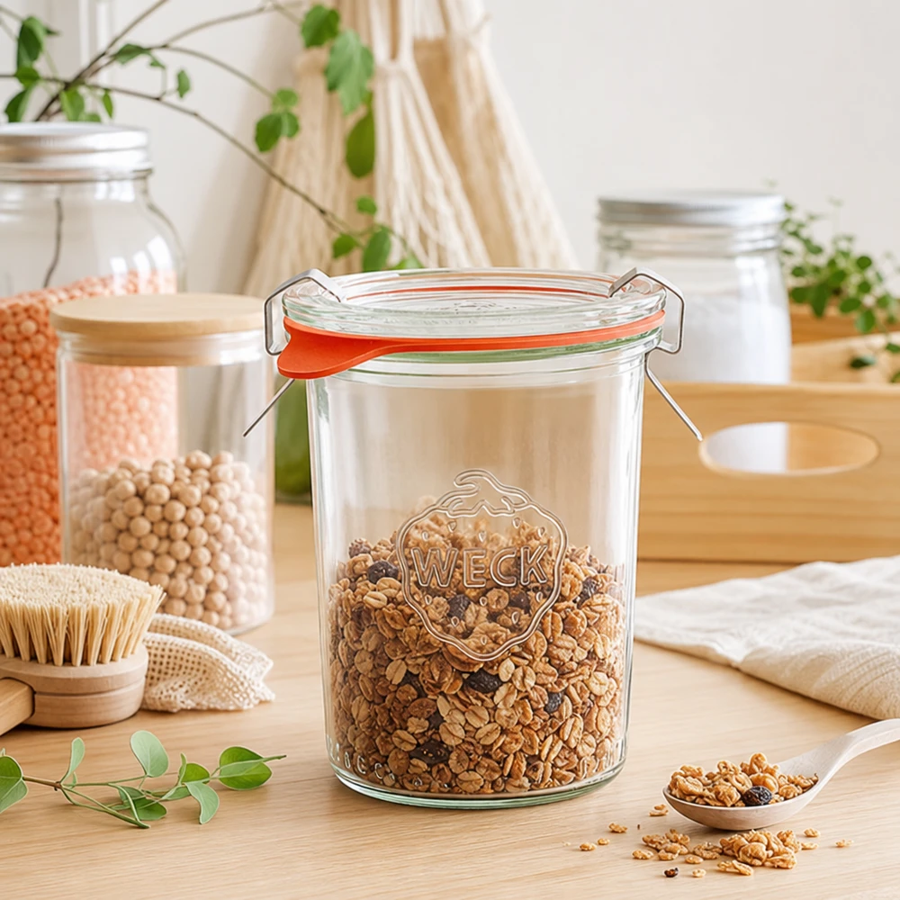 Frasco de muesli WECK 160ml RR60 cheio de muesli numa cozinha sustentável e sem resíduos para uma arrumação amiga do ambiente