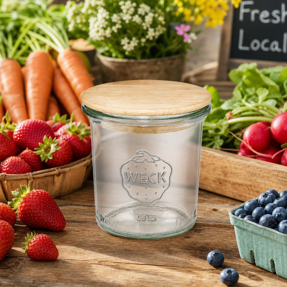 Copos de vidro de 140 ml WECK RR60 com tampa de madeira Copos WECK de 140 ml RR60 com tampa de madeira rodeados de legumes frescos e fruta numa mesa de madeira com ambiente de mercado de agricultores