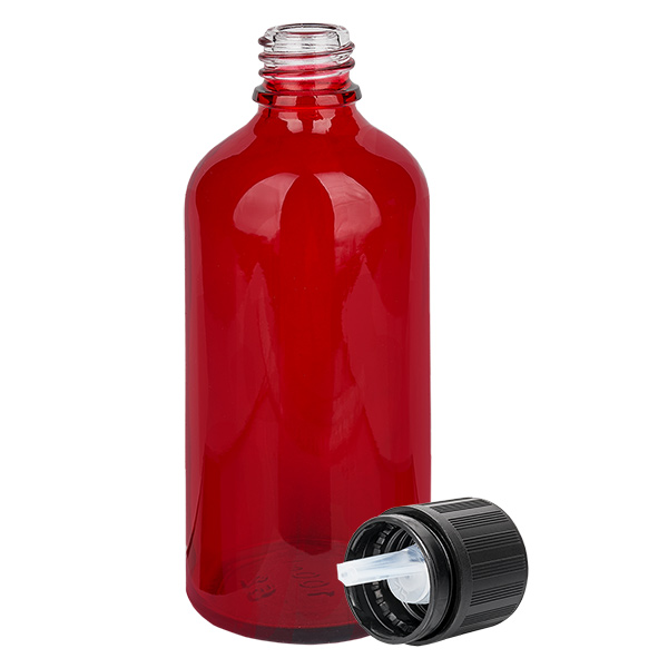 Frasco conta-gotas de 100ml 1mm preto com fecho inviolável Fecho de segurança para crianças Símbolo de aviso cego RedL. UT18/100 Frasco conta-gotas de 100ml 1mm preto com fecho inviolável Fecho de segurança para crianças Símbolo de aviso cego RedL. UT18/100
