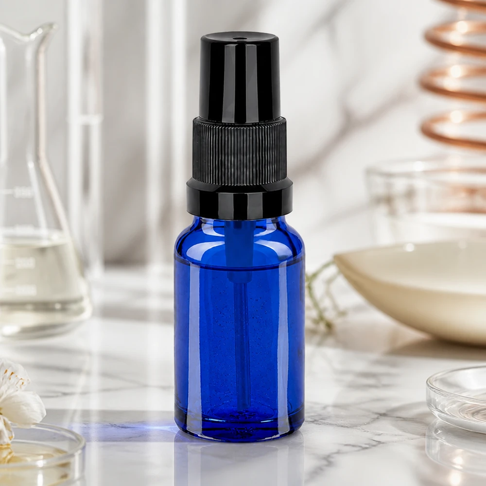 Frasco spray de 10ml preto com tampa standard BlueLine UT18/10 Frasco de spray de vidro de 10 ml STD BlueLine UT18/10 com cabeça de spray preta ergonómica para fácil manuseamento