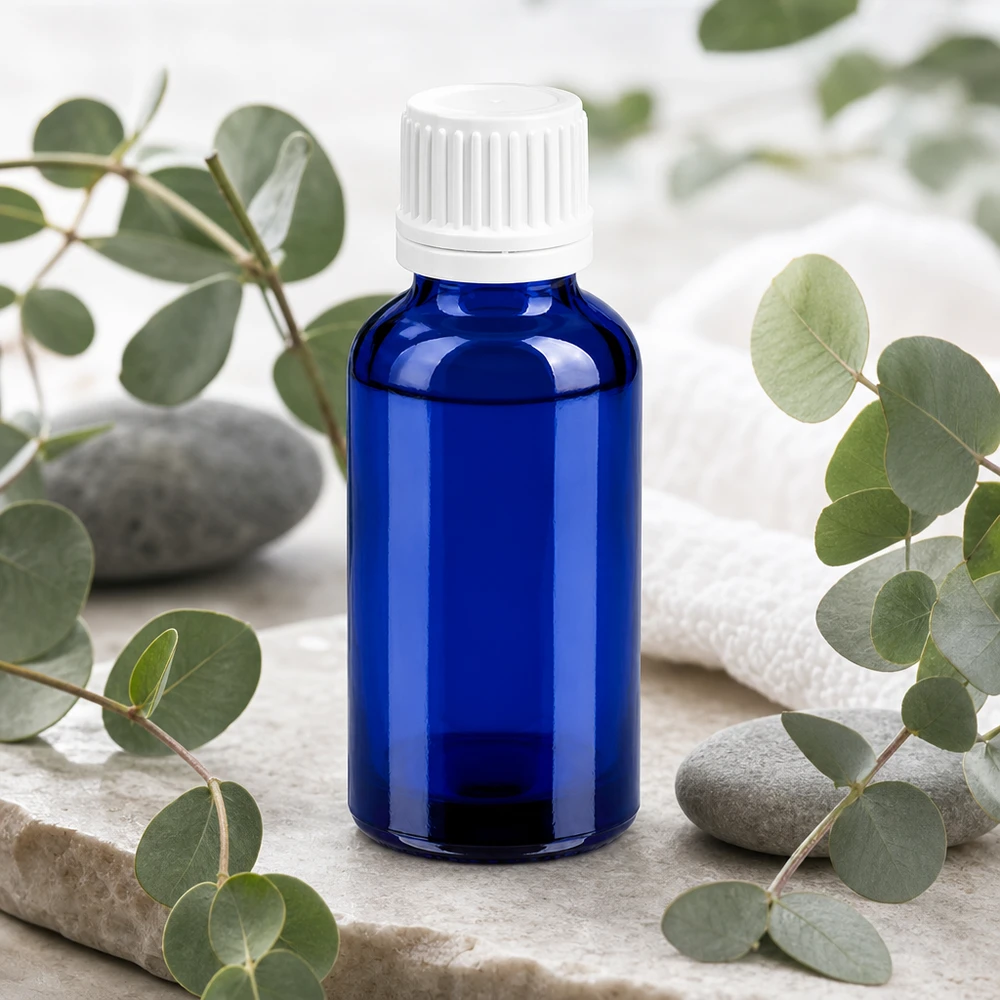 Frasco de vidro de 30 ml de alta qualidade em azul elegante com tampa de rosca branca para aplicações profissionais
