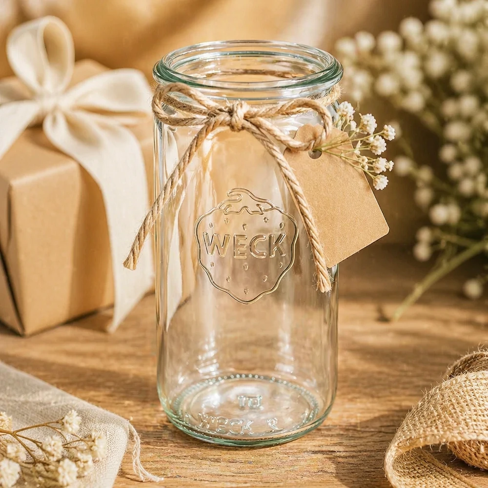 Frasco cilíndrico de vidro WECK RR60 de 340 ml Jarro cilíndrico WECK 340ml RR60 como presente decorado com cordão de juta e pendente num cenário decorativo rústico