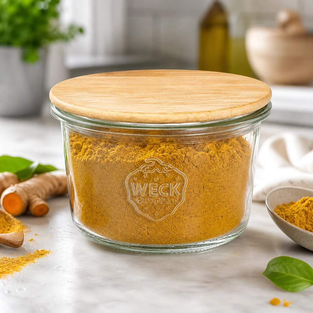 Copos WECK 80ml RR60 com tampa de bambu cheios de especiarias de curcuma na cozinha moderna com raízes frescas