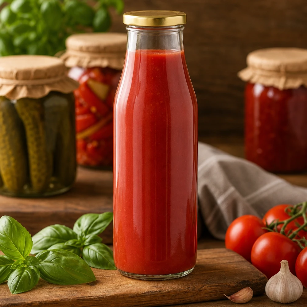 Garrafa de vidro de 500 ml + tampa BasicSeal dourada UNiTWIST 500ml Glasflasche mit Tomatensaft gefüllt zeigt praktische Verwendung für hausgemachte Säfte und Konserven