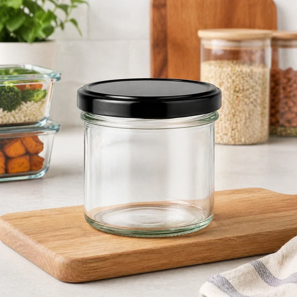 Copos de vidro de 125 ml com tampa BasicSeal preta UNiTWIST Frasco de vidro de 125 ml com tampa BasicSeal preta vazio numa tábua de madeira Ambiente de cozinha Frasco de armazenamento Frasco de conservação