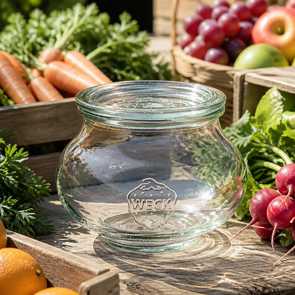 Frasco decorativo WECK 560ml RR80 com tampa de vidro transparente entre legumes frescos, cenouras, rabanetes e fruta