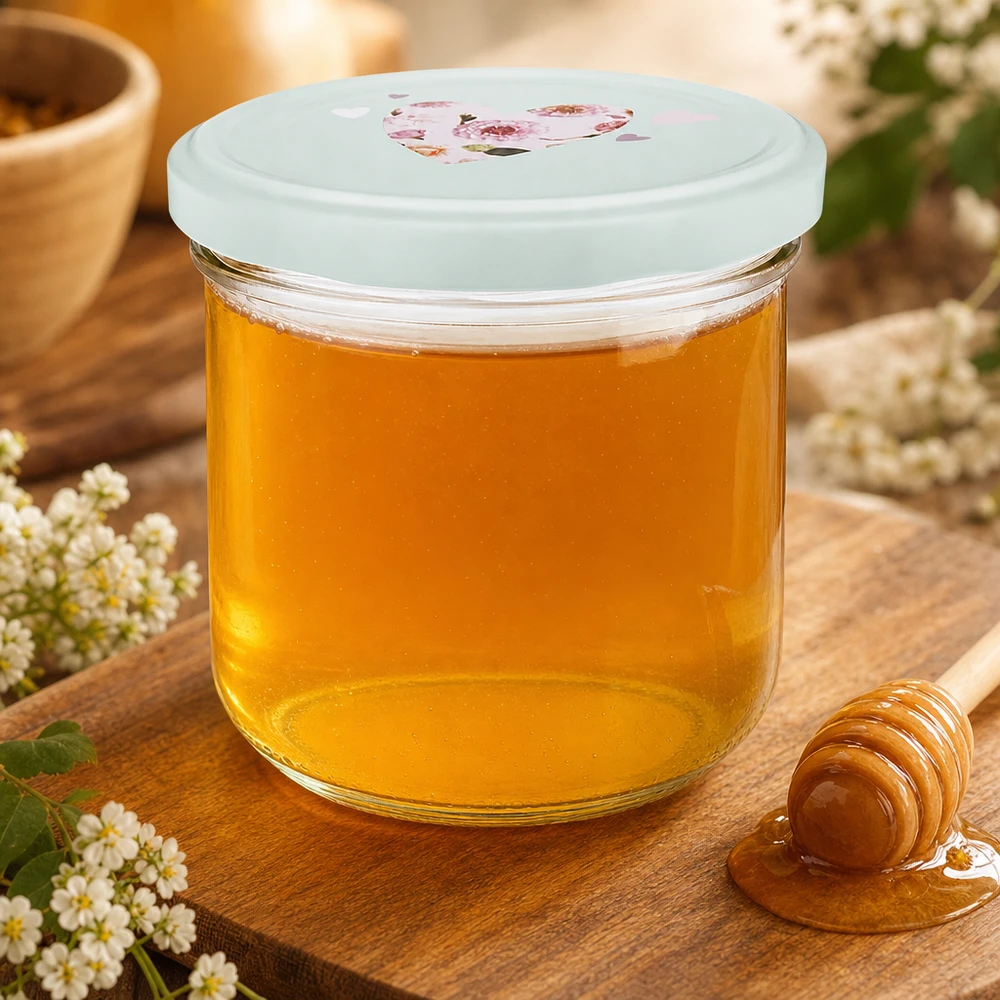 Copos de vidro de 260 ml + tampa BasicSeal coração menta UNiTWIST Frasco de vidro de 260 ml cheio de mel, tampa BasicSeal verde menta com motivo de coração, colher de mel e flores como decoração