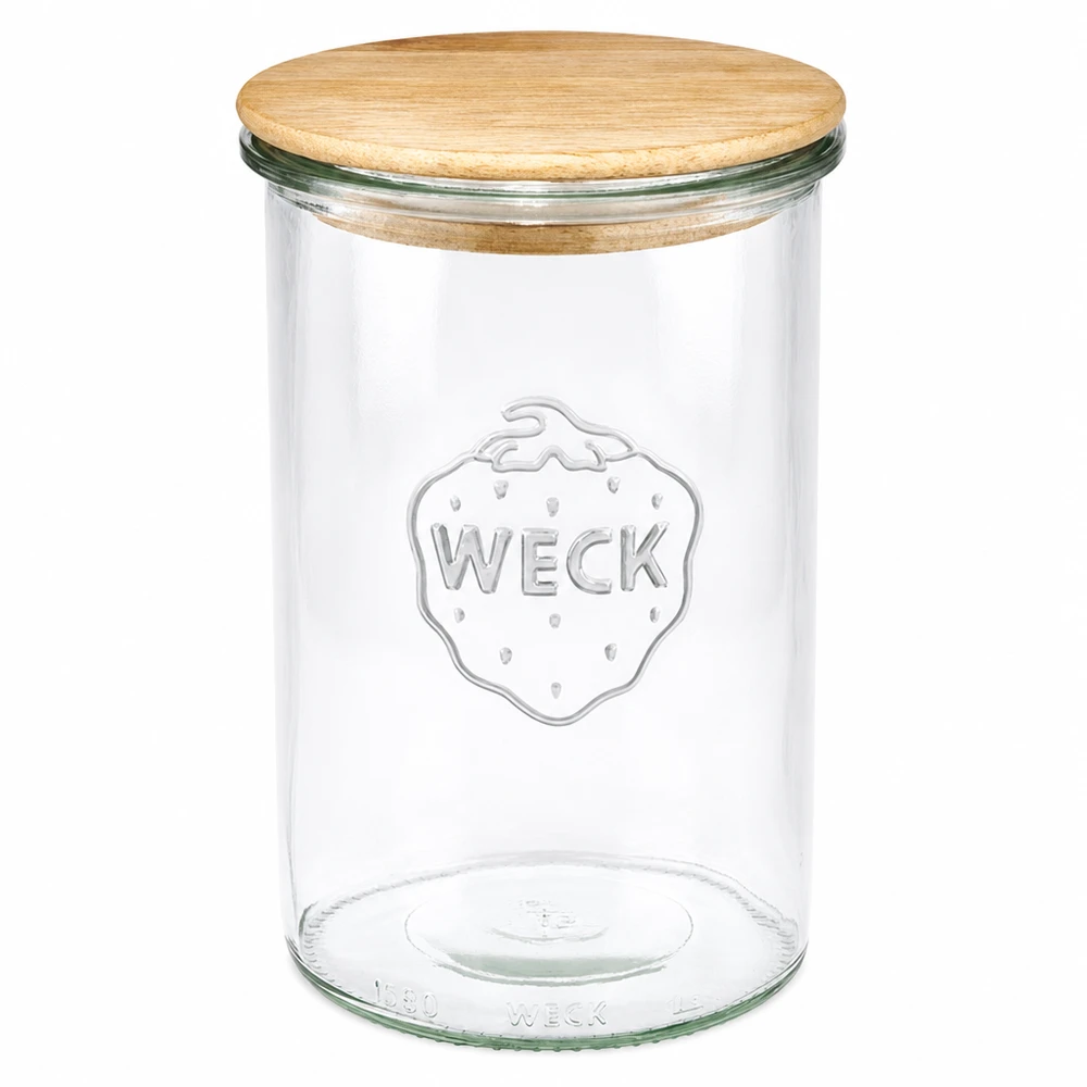Frasco de pedreiro WECK 1000ml RR100 com tampa de madeira feito de madeira de carvalho Frasco de pedreiro vazio transparente para arrumação