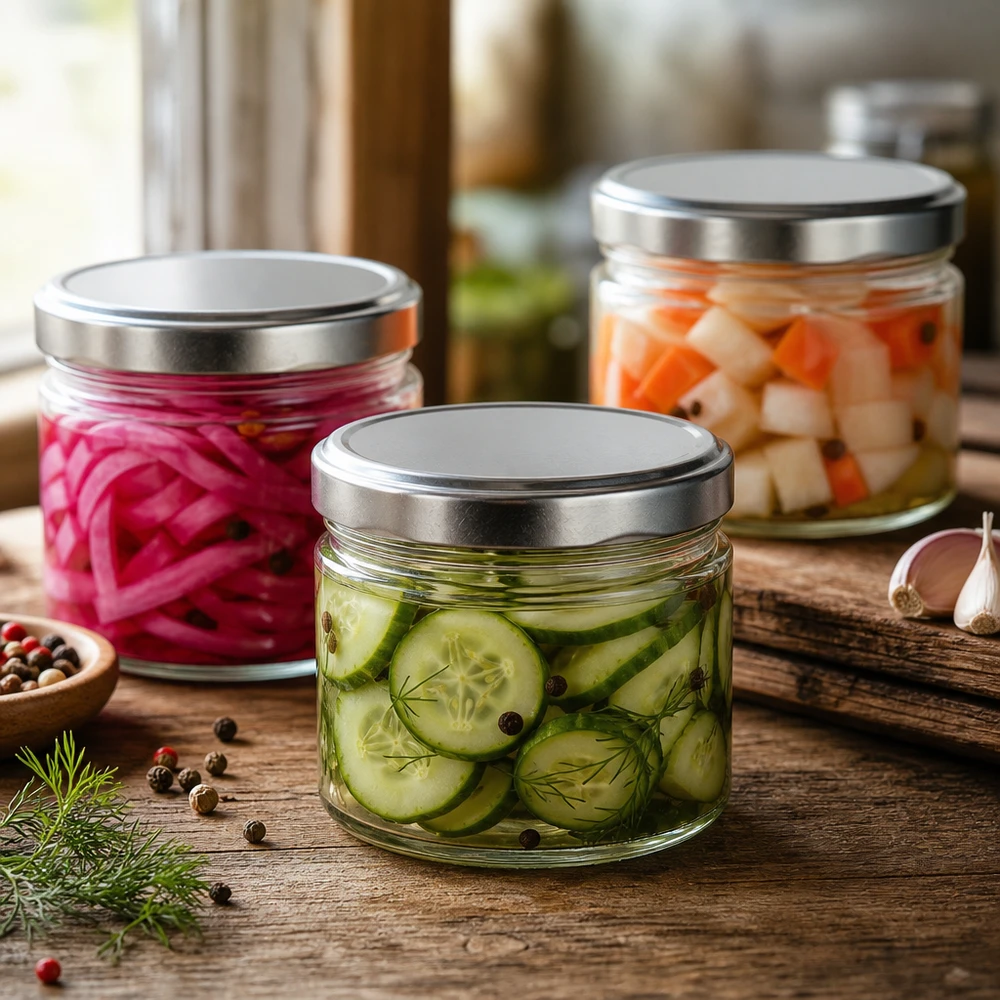 Frascos redondos de 540 ml com tampas prateadas para conservar legumes em conserva, pepinos e cebolas