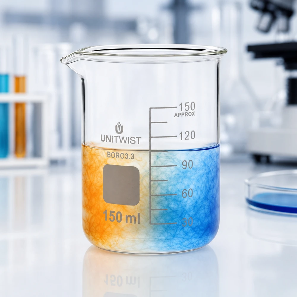 Copo UNiTwist de 150 ml, formato baixo, em borossilicato 3.3, com mistura de cores laranja e azul