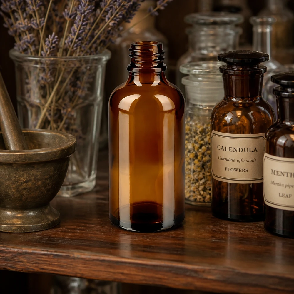 Frasco conta-gotas 50 ml DIN 18 em vidro âmbar Frasco de farmácia castanho de 50 ml ApoGlas entre frascos de calêndula e alfazema numa oficina tradicional de ervas medicinais