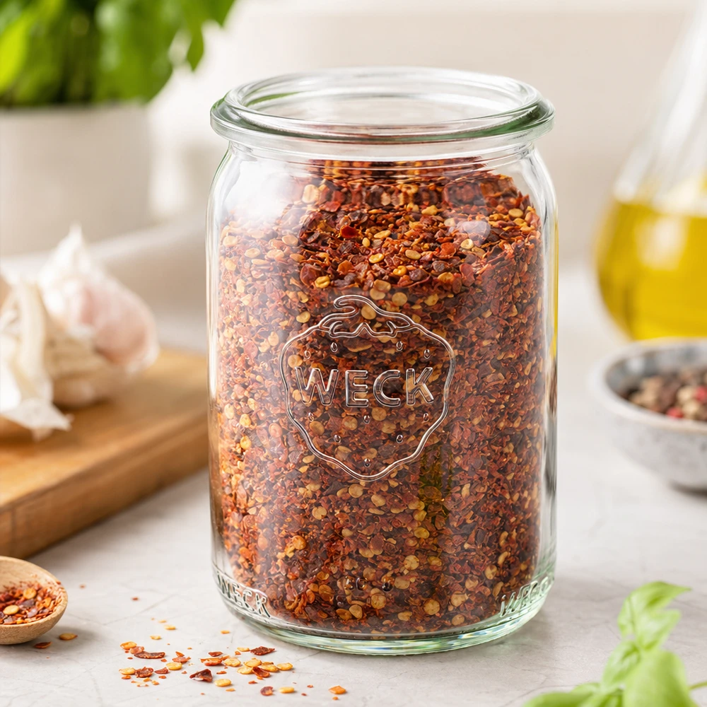 Frasco cilíndrico de 145ml WECK RR40 Frasco WECK RR40 de 145 ml cheio de flocos de malagueta vermelha numa bancada de cozinha branca com alho e óleo