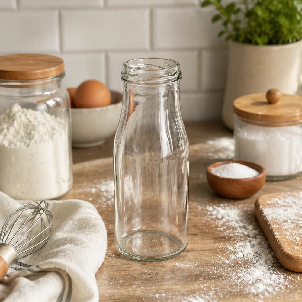 Frasco de 150ml sem tampa (TO43) UNiTWIST UNiTWIST Bottle150 Garrafa de vidro 150ml TO43 na cozinha moderna com utensílios de pastelaria e frascos de arrumação