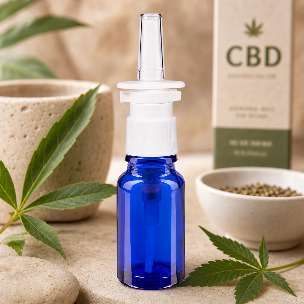 Frasco compacto de 10 ml para spray nasal, em azul cobalto, com produtos de CBD e folhas de cânhamo