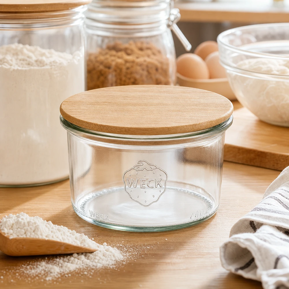 Copos de vidro WECK RR80 de 200 ml com tampa de madeira WECK Sturzglas 200ml RR80 mit Holzdeckel in natürlicher Küchenumgebung zwischen Backzutaten und Vorratsgläsern