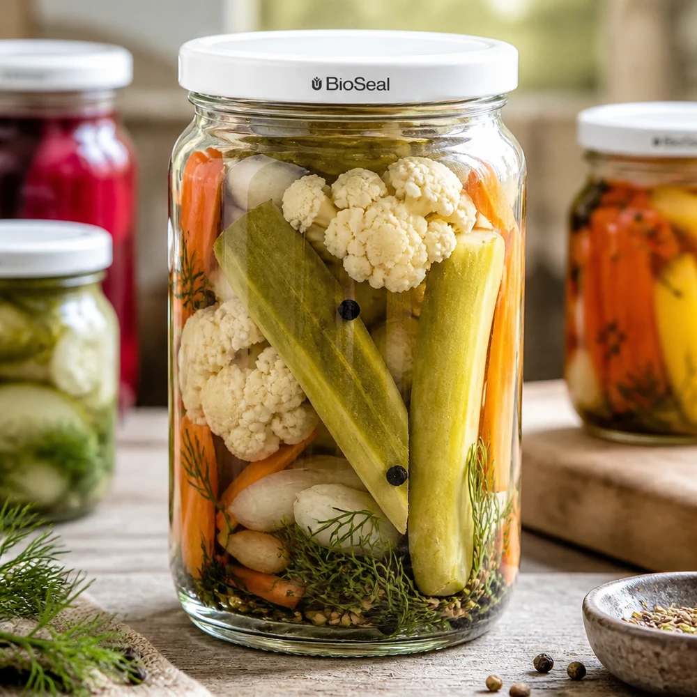 Frasco UNiTWIST Runda795 com legumes mistos em conserva - ideal para pickles e alimentos fermentados