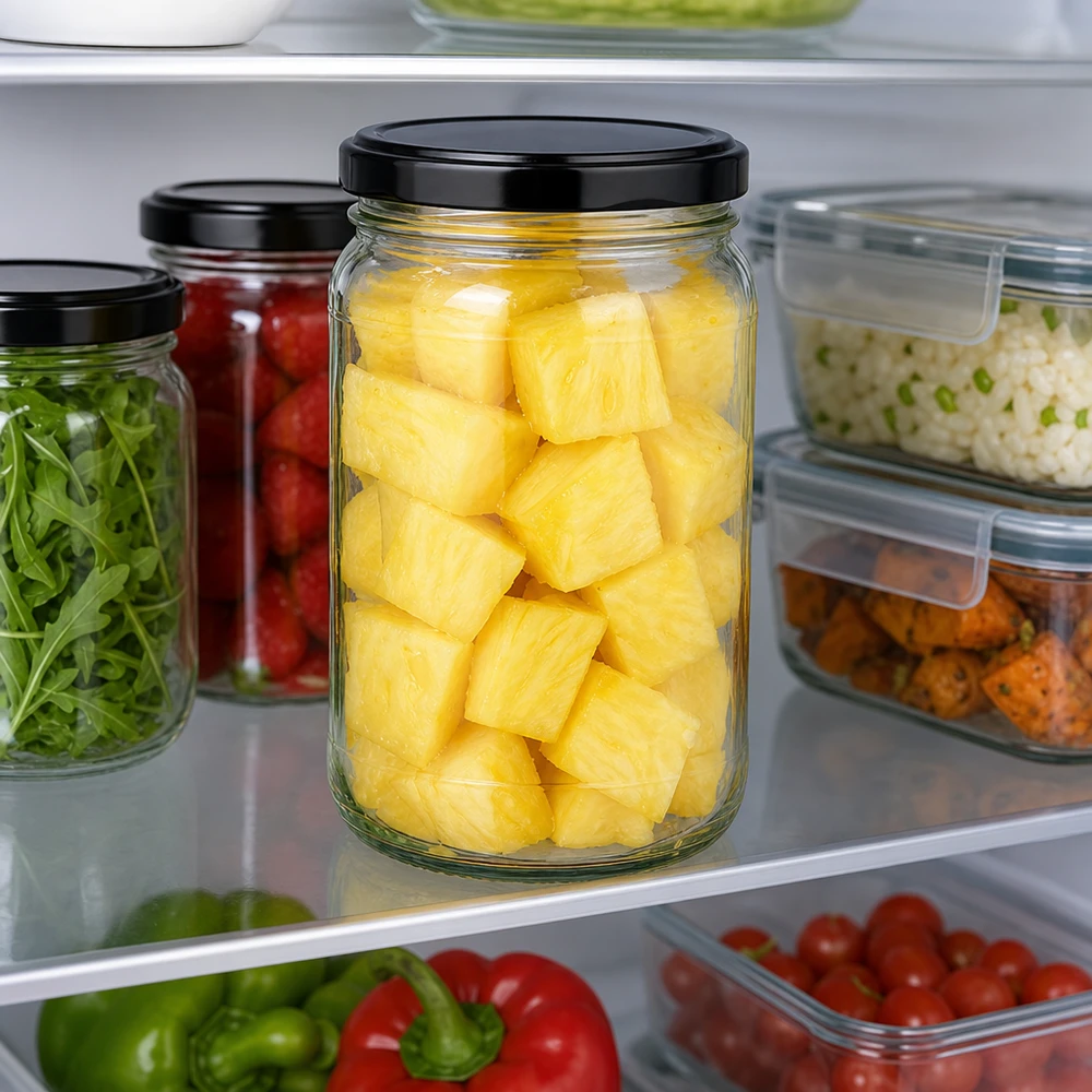 Frasco redondo UNiTWIST de 305 ml com tampa preta cheio de ananás no frigorífico para guardar alimentos
