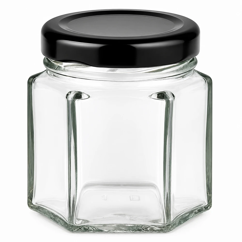 Frasco de vidro hexagonal de 47 ml com tampa BasicSeal preta - frasco de vidro hexagonal para alimentos e armazenamento