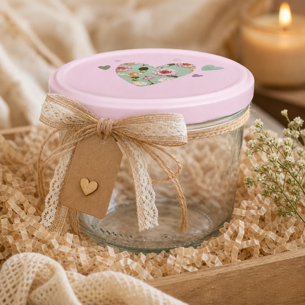 Copos de vidro de 230 ml + tampa BasicSeal cor-de-rosa UNiTWIST Sturzglas 230ml mit rosa Herz-Deckel dekorativ mit Juteschleife und Geschenkanhänger als Geschenkverpackung arrangiert