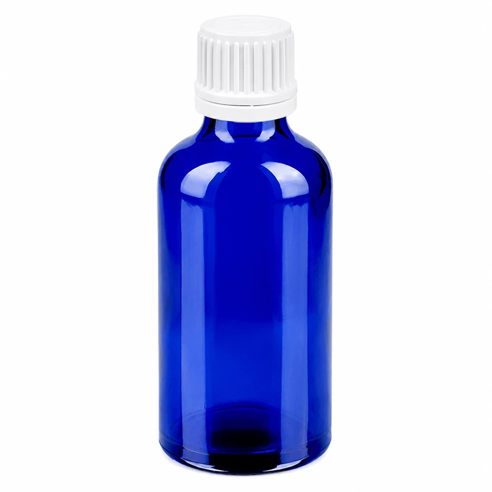 Frasco de 50ml com tampa de rosca de 11mm branca inviolável BlueLine UT18/50 Frasco de vidro azul de 50 ml com tampa de rosca branca para cosméticos e produtos farmacêuticos
