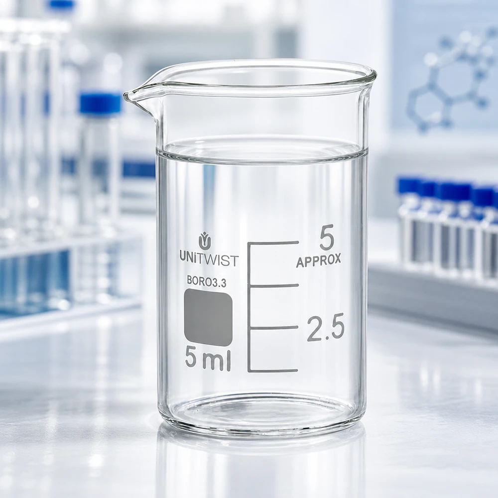 Copo de 5 ml em borossilicato, forma baixa UNiTWIST Copo de vidro transparente de 5 ml UNiTWIST, borossilicato 3.3, formato baixo com escala branca