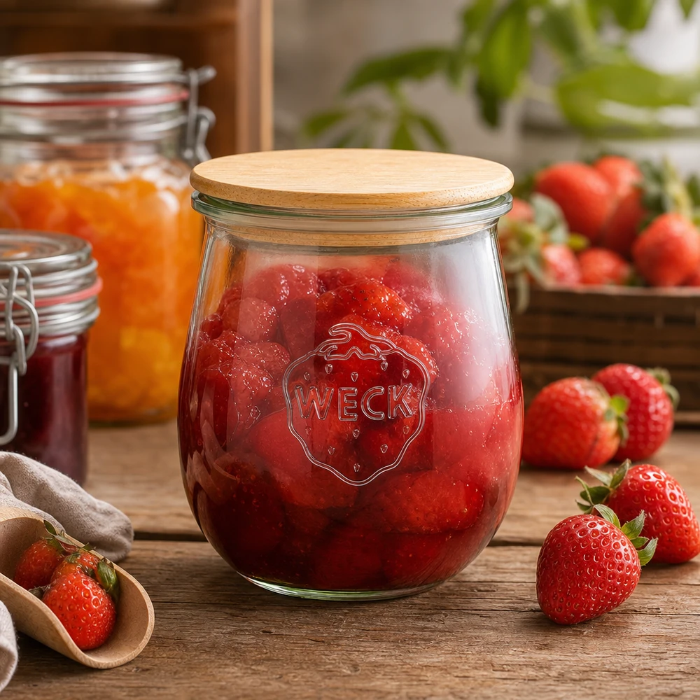 Frasco tulipa WECK 220ml com tampa de madeira cheio de compota de morango - frasco de conservação para compotas e pastas de barrar