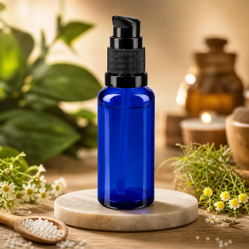 Frasco de farmácia azul 30ml tampa da bomba preto padrão Frasco de vidro ApoGlas azul cobalto de 30 ml com tampa preta, entre flores de camomila