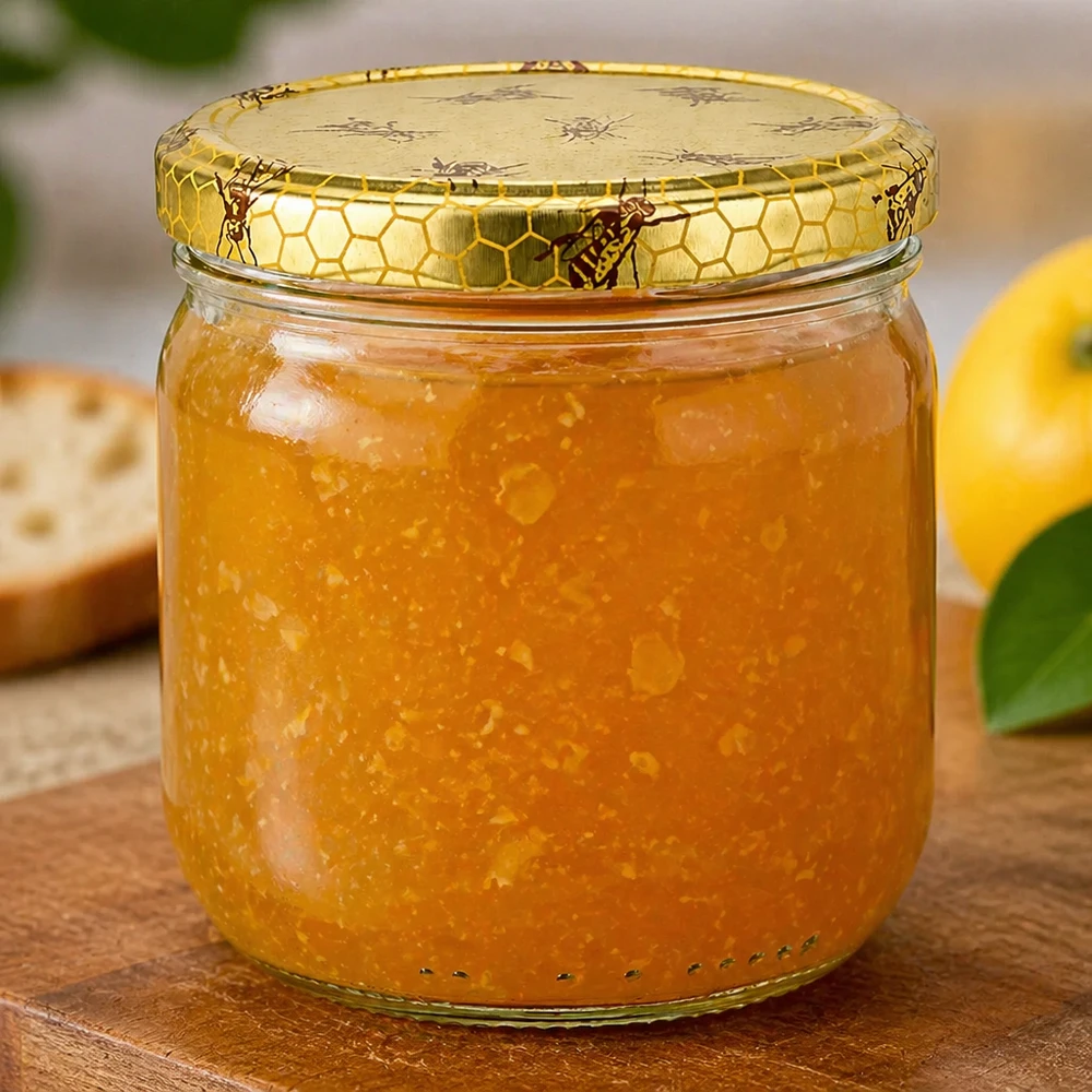 500g Honigglas mit Bienenwabe Deckel BasicSeal UNiTWIST Frasco de mel de 500 g com mel cremoso e tampa em forma de favo de mel ao lado de uma laranja numa base de madeira