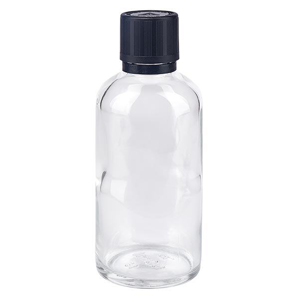 Frasco de farmácia transparente 50ml tampa do conta-gotas anel de derrame 1mm preto fecho de segurança para crianças símbolo de aviso manequim fecho inviolável