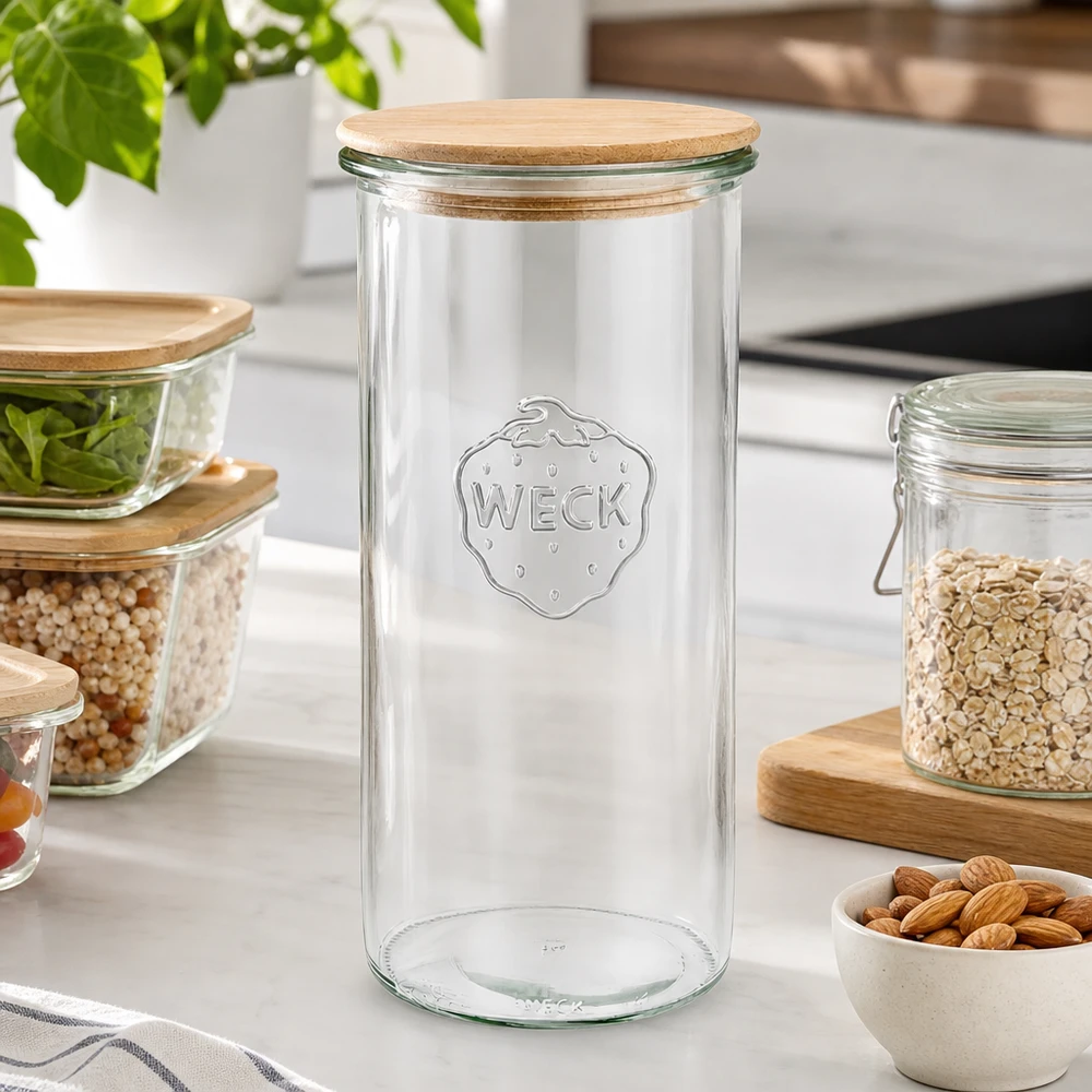 Copos de vidro de 1500ml WECK RR100 com tampa de madeira Frasco de armazenamento vazio WECK 1500ml RR100 com tampa de madeira numa cozinha moderna rodeado por frascos de armazenamento cheios com frutos secos
