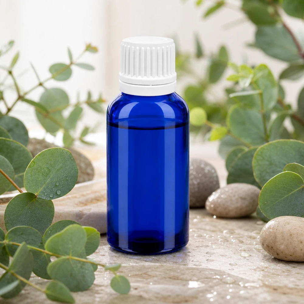 Frasco de vidro azul de 30 ml com tampa branca com conta-gotas para óleos essenciais e cosméticos