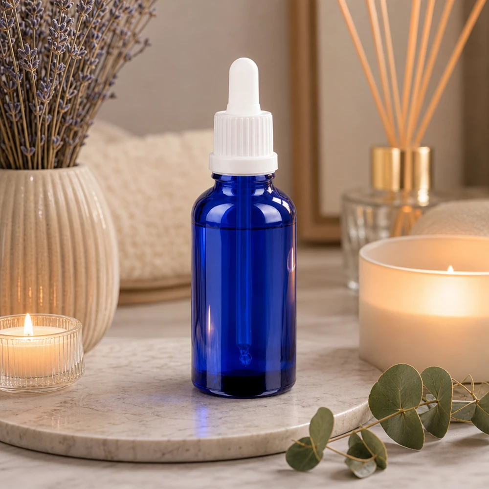 Frasco de pipeta BlueLine UT18 de 30 ml em vidro de cobalto de alta qualidade para proteção UV de produtos cosméticos
