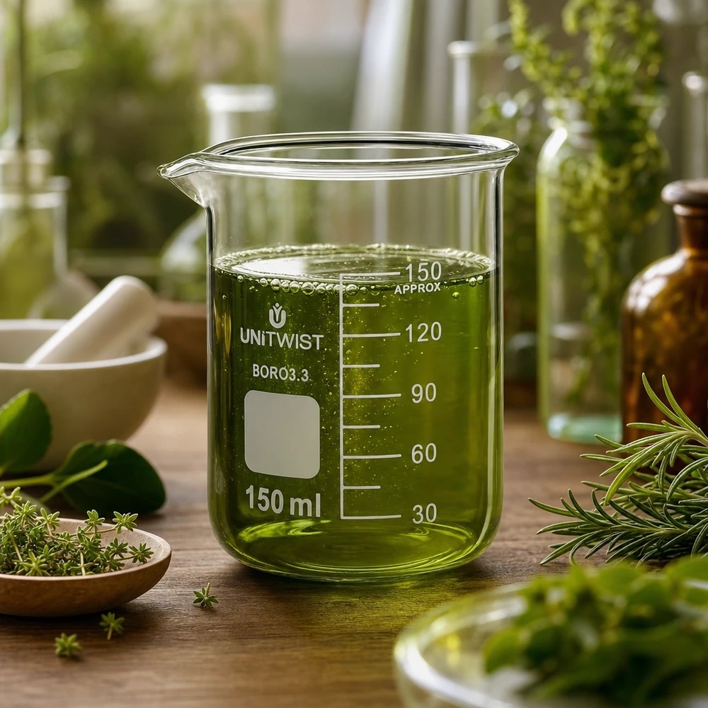 Copo de vidro UNiTwist de 150 ml, borossilicato 3.3, formato baixo, com extrato verde de ervas