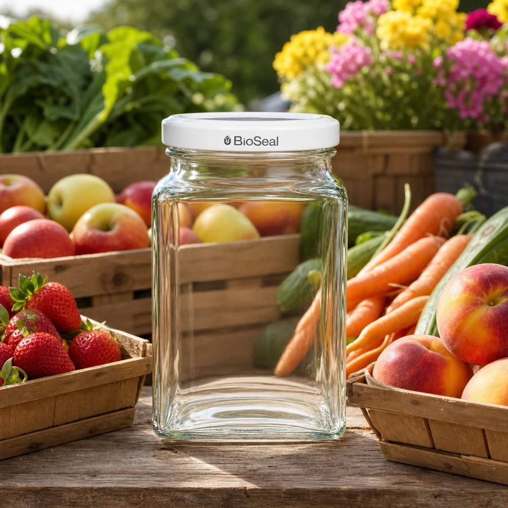 UNiTWIST Tetra260 frasco de vidro vazio em cima de uma mesa de madeira com fruta fresca e legumes brancos TO58 tampa BioSeal jardim exterior