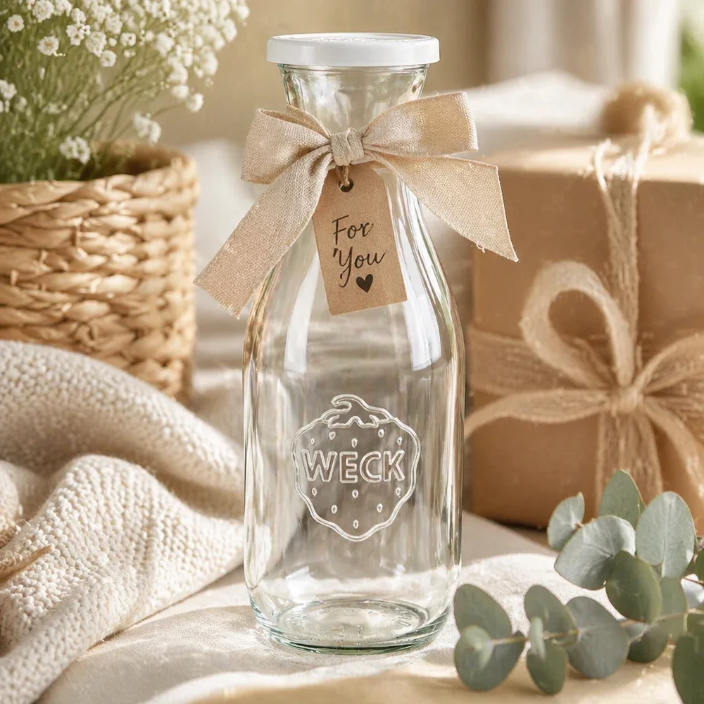 Garrafa de sumo WECK 1062ml para oferta com laço e etiqueta "For You" num cenário decorativo rústico