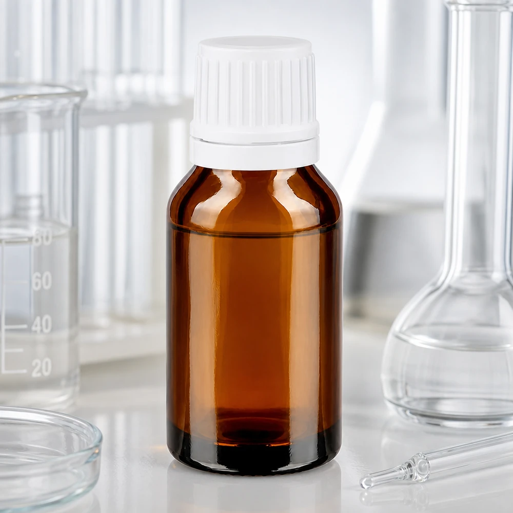 Frasco de farmácia castanho de 15 ml com tampa de segurança branca, no laboratório, entre um balão de vidro e um copo de vidro