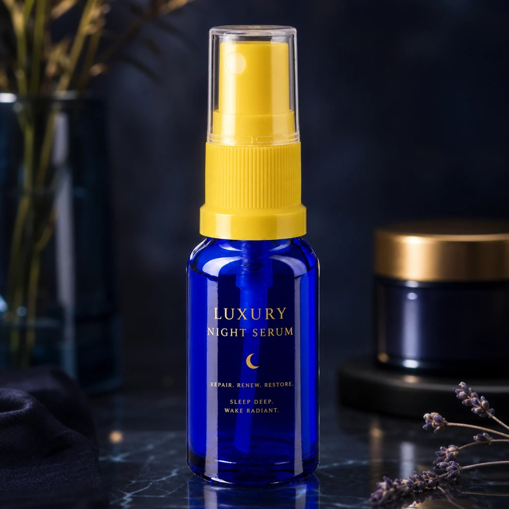 Apothekenflasche blau 30ml Sprayaufsatz gelb Frasco azul de 30 ml com pulverizador amarelo, como embalagem do Luxury Night Serum, numa fotografia de estúdio