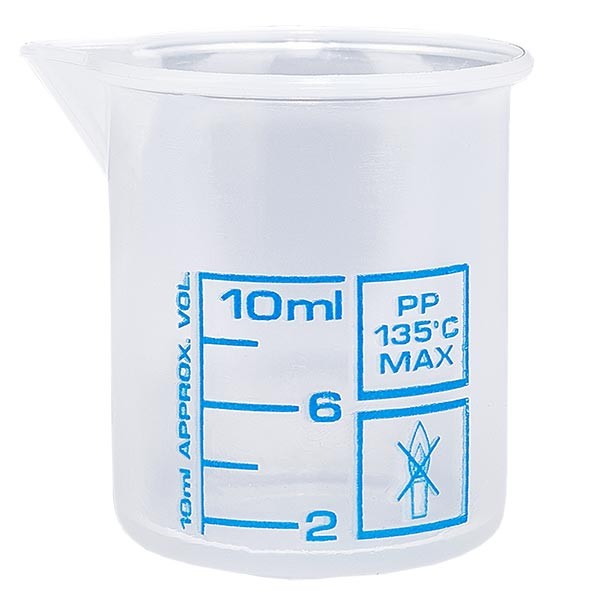 Copo de medição de 10 ml (copo Griffin) PP, anti-estático, com elevada transparência de acordo com a norma DIN 12.311, com rebordo graduado, escala azul impressa Copo de medição de 10 ml (copo Griffin) PP, anti-estático, com elevada transparência de acordo com a norma DIN 12.311, com rebordo graduado, escala azul impressa