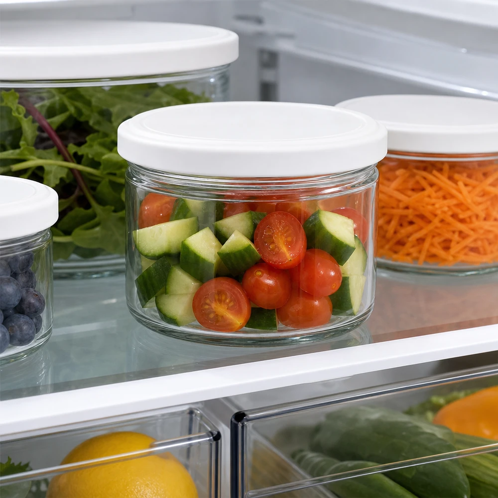 Frasco redondo de 540 ml com tampa BasicSeal branca UNiTWIST 540ml Rundglas BasicSeal weiß im Kühlschrank mit Tomaten und Gurken - optimale Frischhaltung für geschnittenes Gemüse