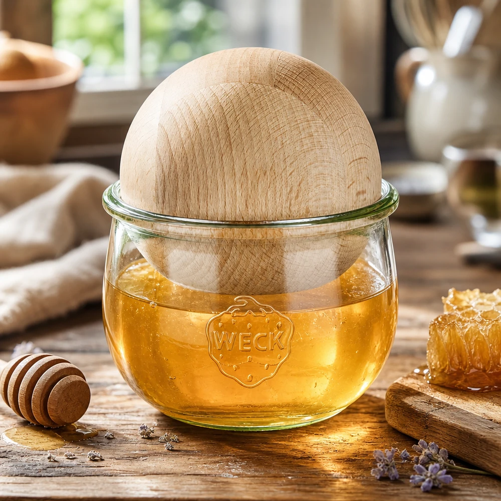 Frasco tulipa WECK RR100 de 580ml com bola de madeira de faia Frasco de tulipa WECK 580ml com bola de madeira de faia cheia de mel, arrumação decorativa para produtos naturais e acessórios de cozinha