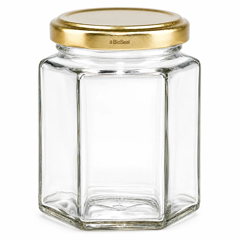 Frasco hexa de 196 ml com tampa dourada UNiTWIST BioSeal Frasco de vidro hexagonal UNiTWIST Hexa196 com tampa dourada TO58 BioSeal em vidro transparente vazio