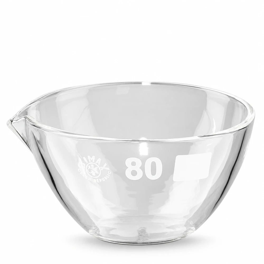 Tabuleiro para vapores de 90ml com bico em borosilicato ø80mm Placa de evaporação de 90 ml em vidro borossilicato com bico prático para utilização em laboratório
