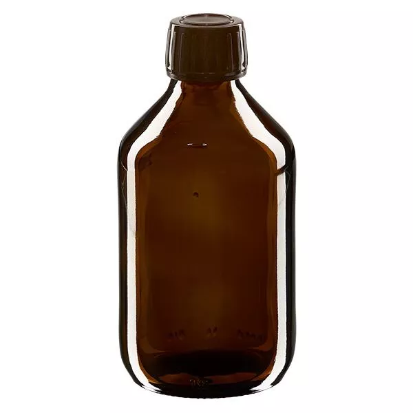 Frasco de medicamento de 250ml castanho, tampa castanha com anel inviolável ApoGlas Frasco de medicamento de 250ml castanho, tampa castanha com anel inviolável ApoGlas